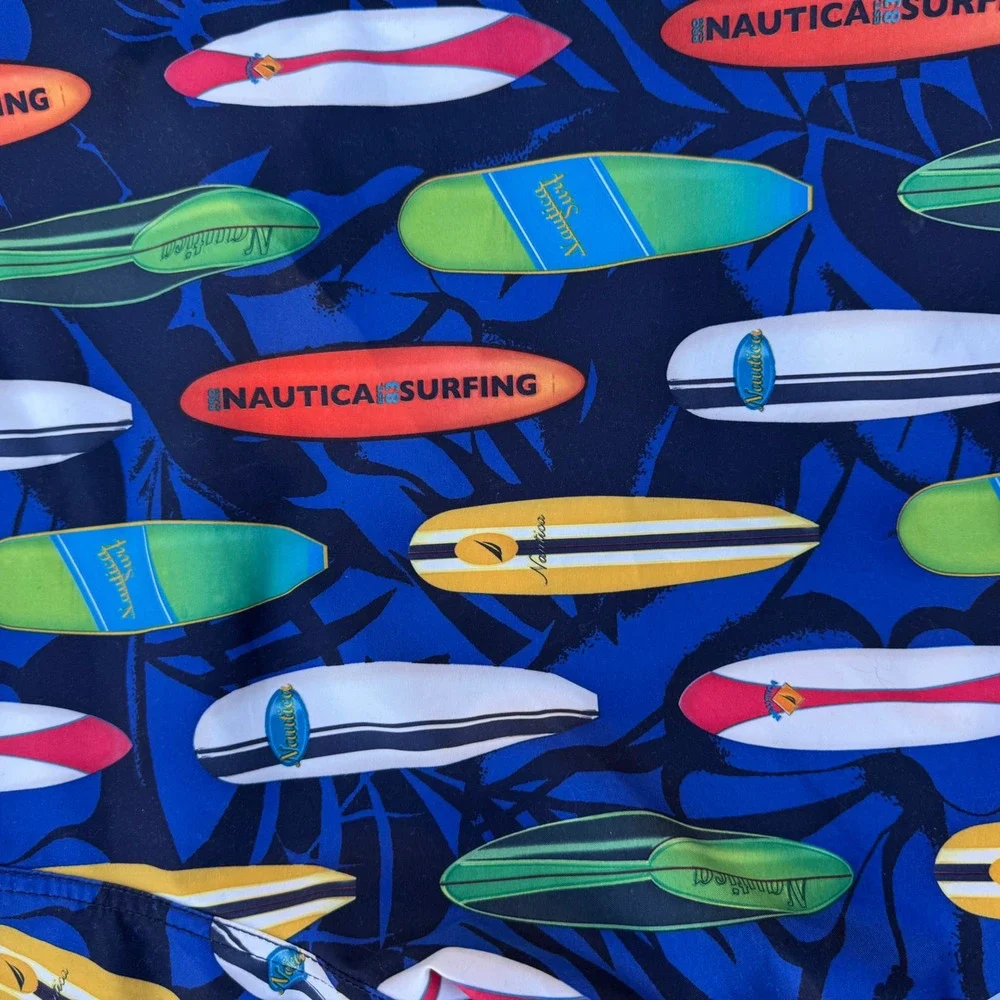 Vintage Nautica Swimsuit Shorts Men's 38 Blue Good Surfboard Print Board Trunks